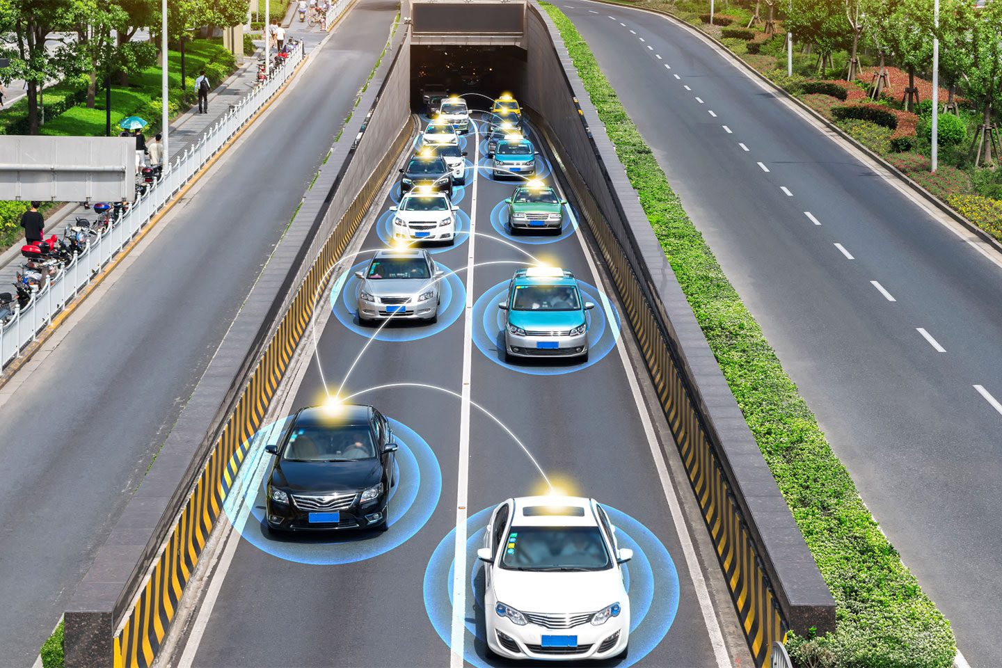 Vehicles on the highway using telematics to communicate important information in real-time.