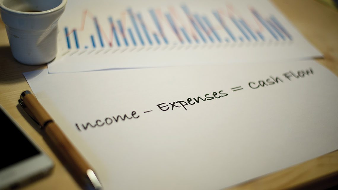 A piece of paper with the equation income-expenses = cashflow