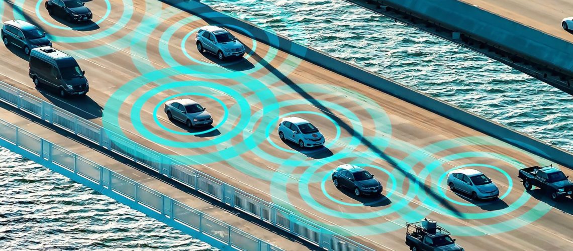 Bridge over sea with cars in motion.