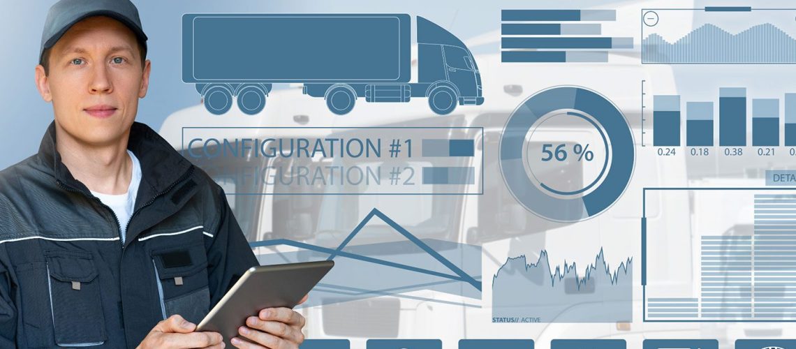 Many with tablet over graphics of fleet maintenance, vehicles, and infographic icons.